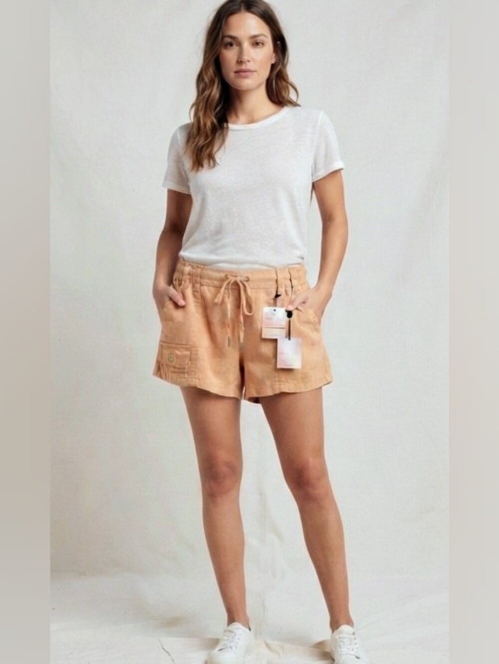 Happily Grey Baggy Utility Linen Blend Shorts Orange Coral Size Large L / NWT
